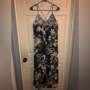- Navy Blue background tropical print, maxi sundress, spaghetti straps, si…